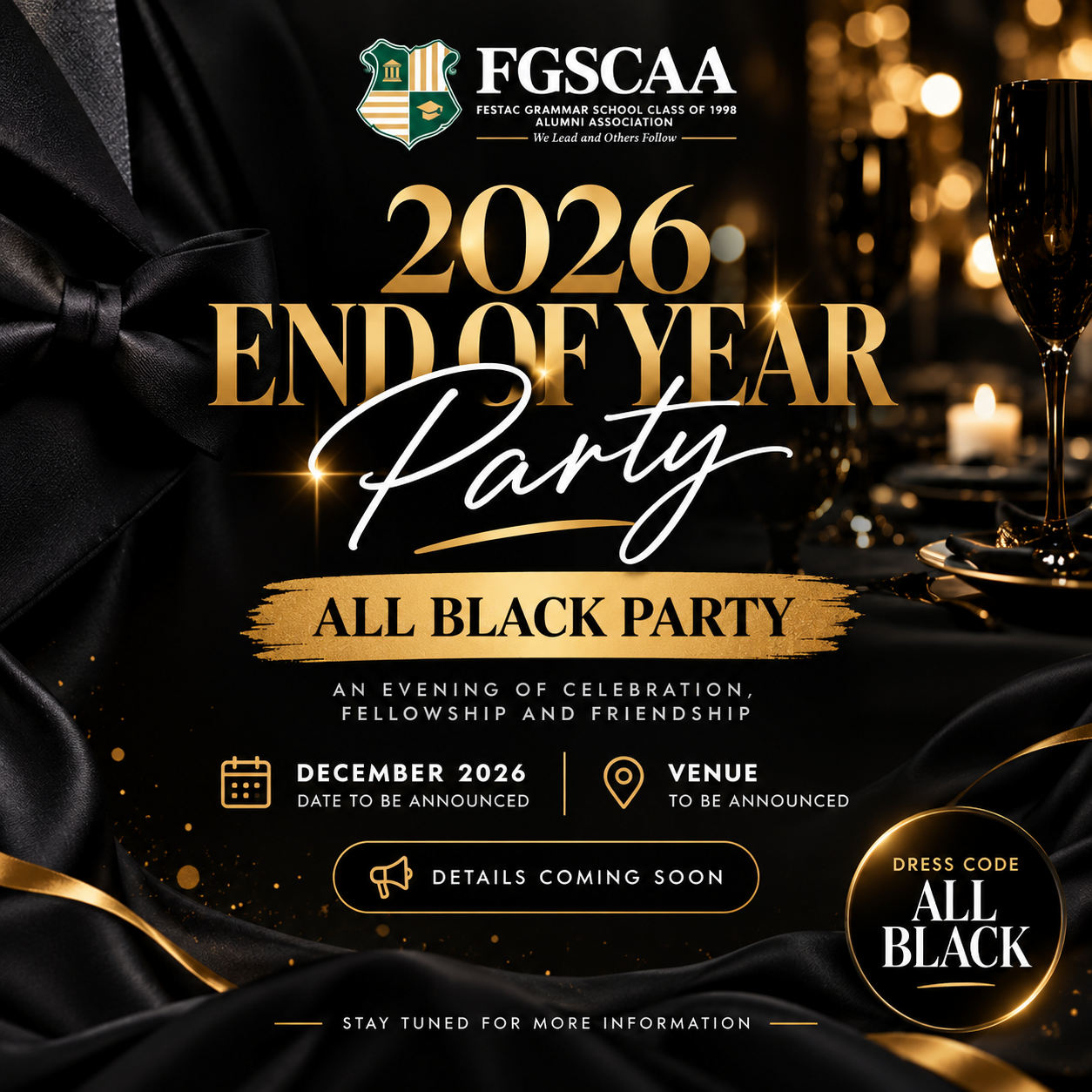 FGSCAA 2026 End of Year Party teaser flyer: All Black Party.