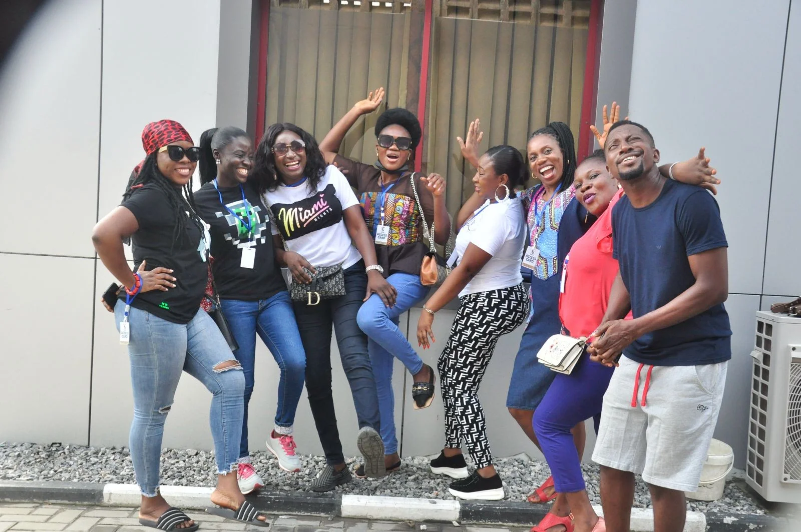 A group of FGSCAA members posing cheerfully against a wall during the 2020 Homecoming weekend.