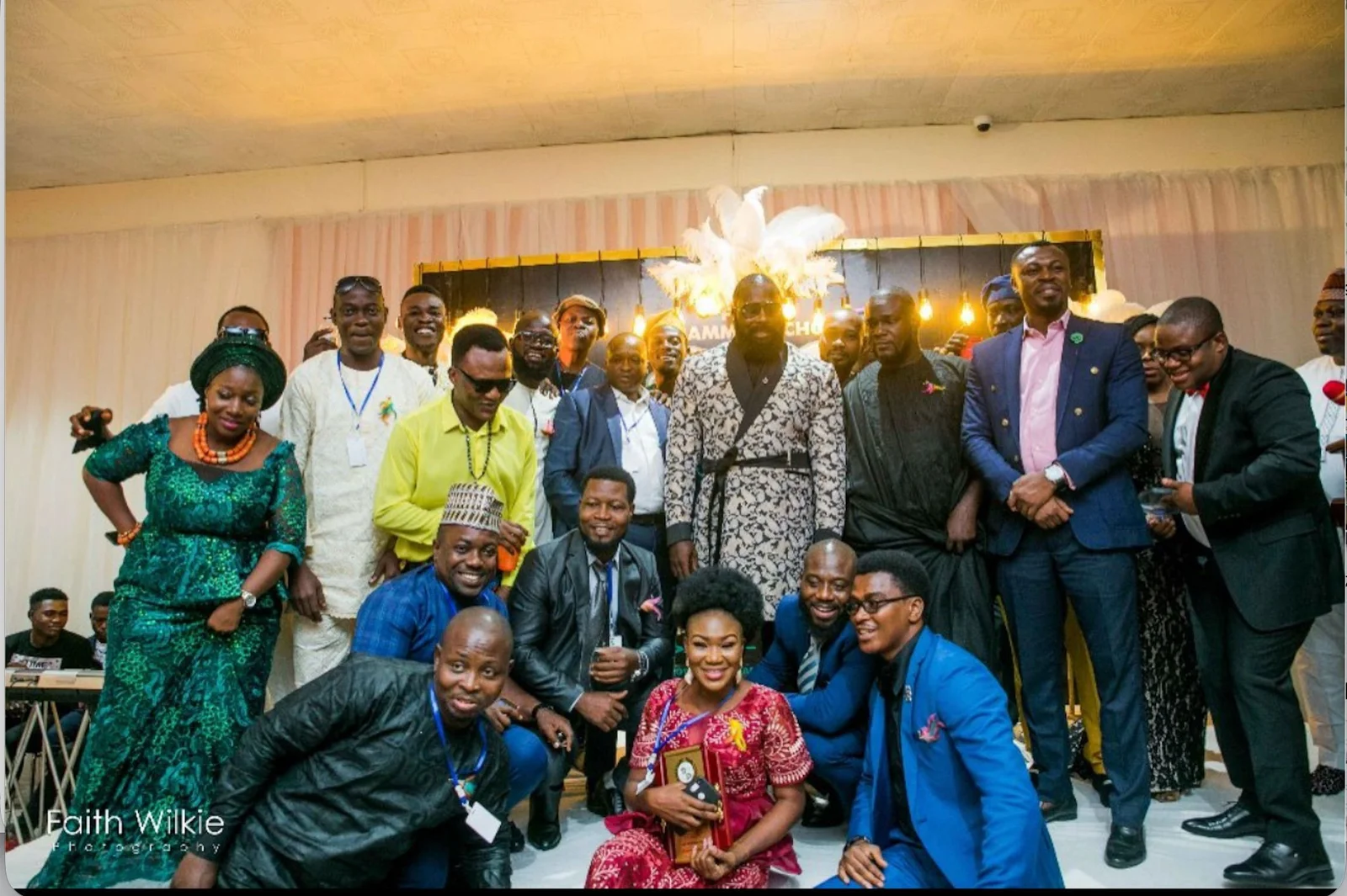 Members gathered on stage for a group photograph at the reunion dinner, 2020 (photograph 1 of 1)