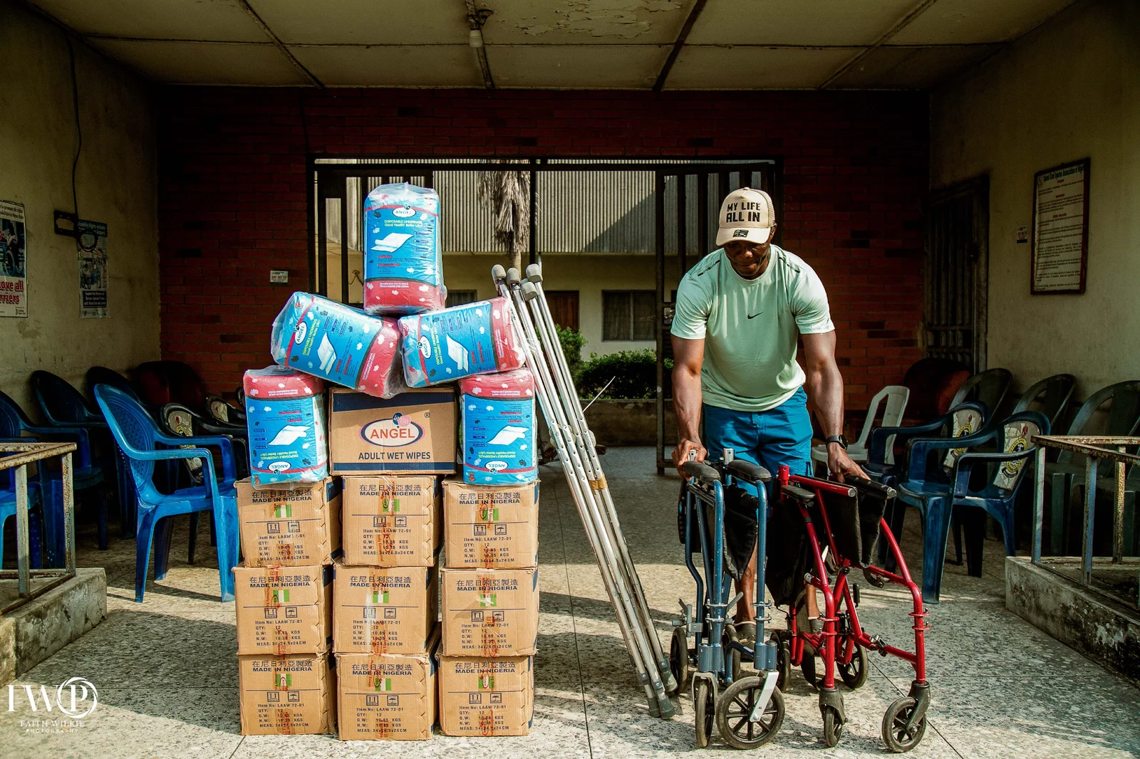 Mobility aids, personal-care supplies and food items arranged for presentation during the FGSCAA 2025 community outreach.