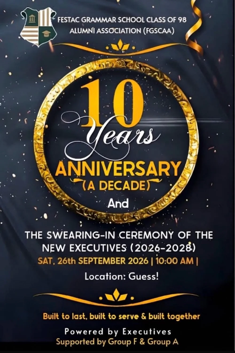 FGSCAA event flyer: 10 Years Anniversary (A Decade) and the Swearing-In Ceremony of the New Executives (2026–2028), Saturday 26 September 2026, 10:00 AM, supported by Group F and Group A