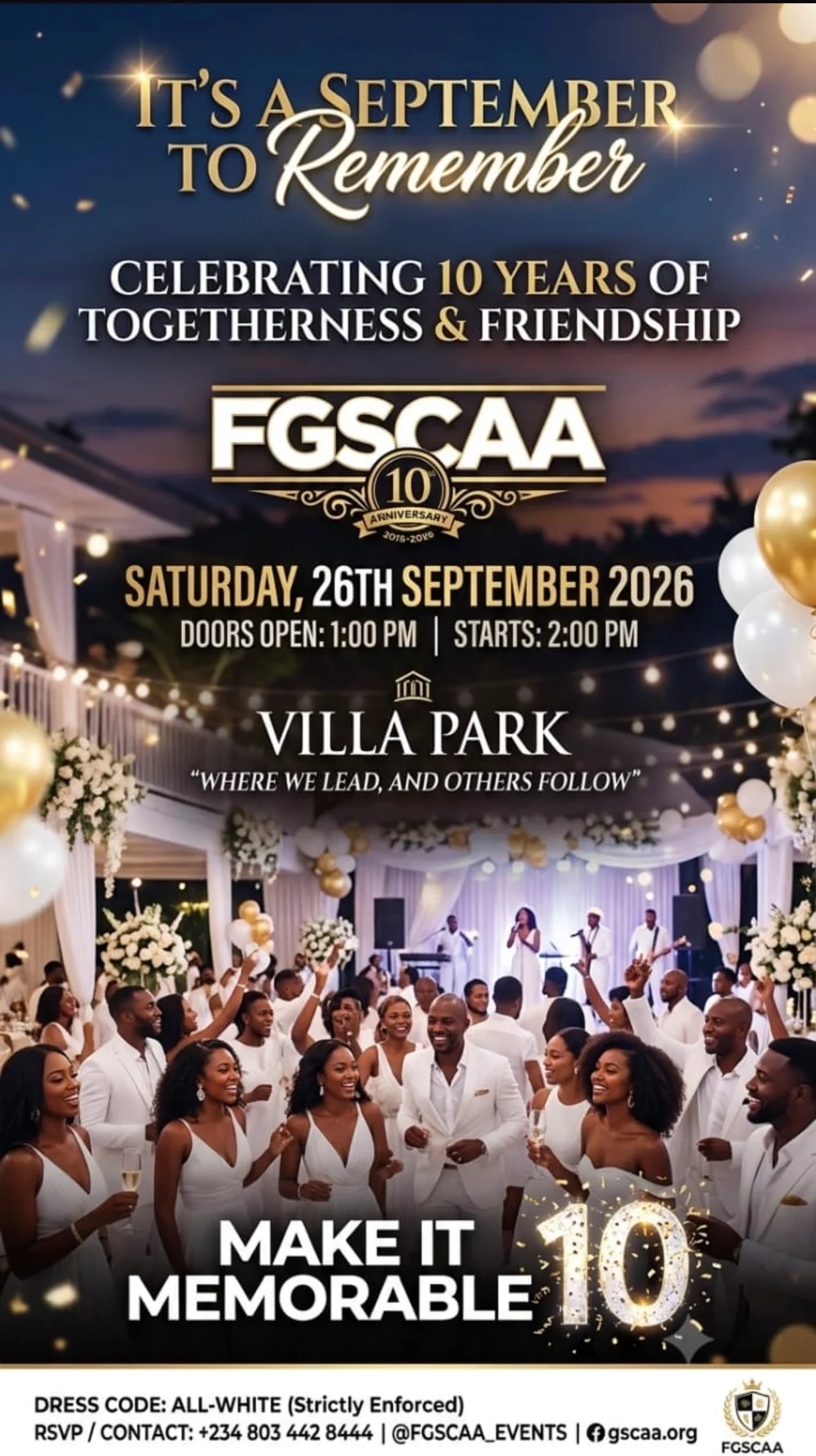 FGSCAA event flyer: “It’s a September to Remember” — celebrating 10 years of togetherness and friendship, Saturday 26 September 2026, doors open 1:00 PM, starts 2:00 PM, Villa Park, all-white dress code