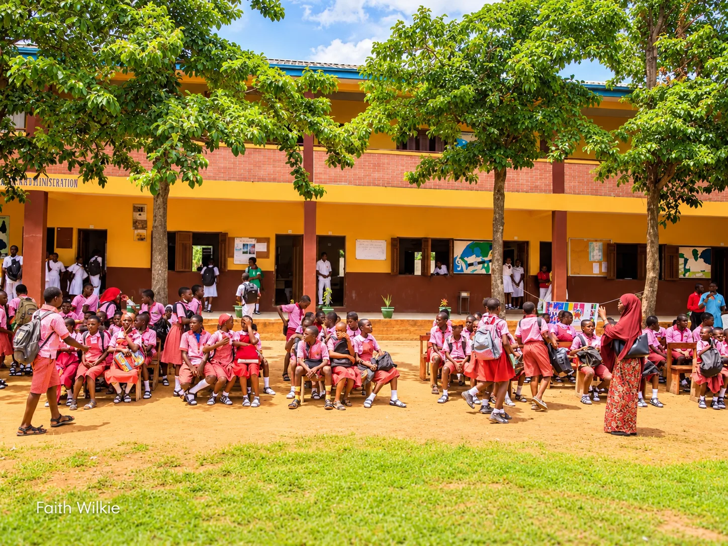 Wider view of students gathered in the school courtyard during the programme.